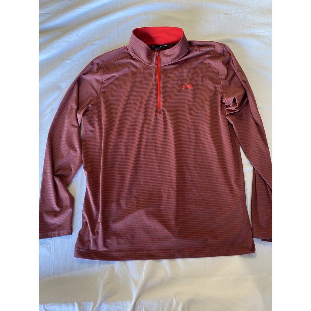 Under Armour Mens XL Red Gray Striped Loose Quarter Zip Performance Shirt